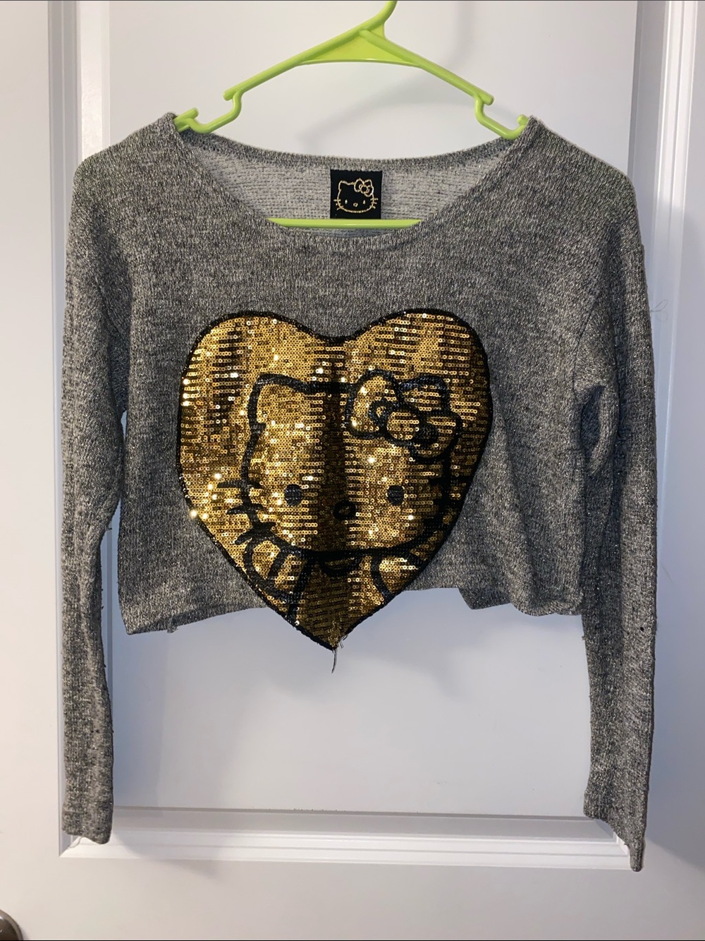 Hello Kitty Gray Cropped Sweater with Gold Sequin Heart Kitty Motif